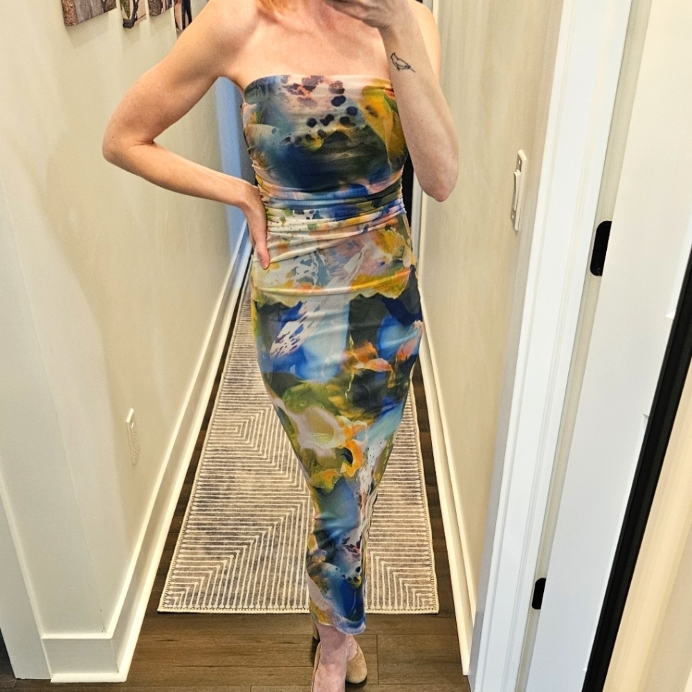 Zara Strapless Colorful Print Midi Dress - Size S